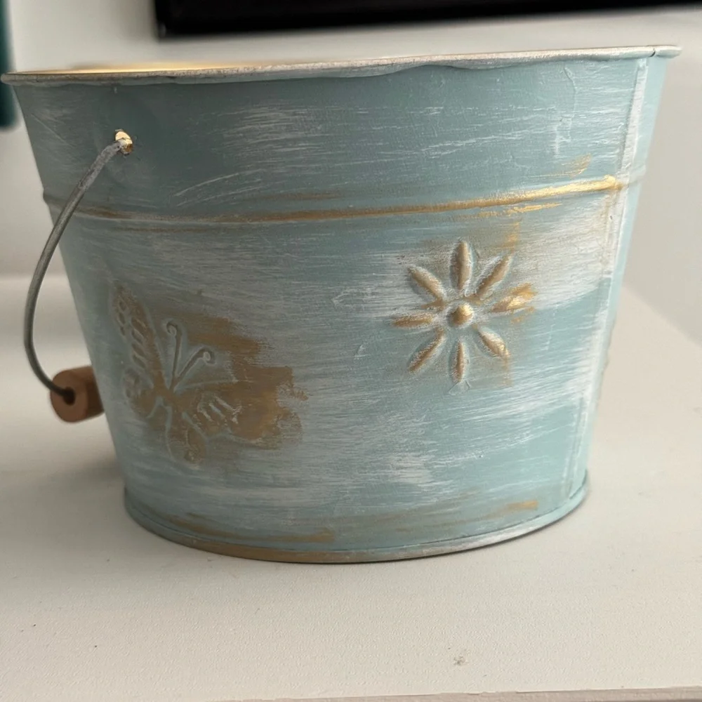 Blue Metal Buckets with Gold Accents and Gold Inside Decorative Use (2)